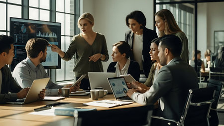 Group of business people working and communicating together in modern office. Teamwork conceptの素材