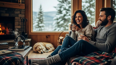 Beautiful young couple sitting on the floor in front of the fireplace, drinking coffee and smilingの素材