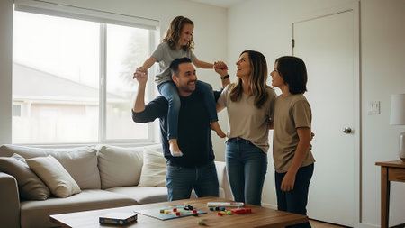 Happy young family playing together in living room at home. Mother, father and daughter spending time together.の素材