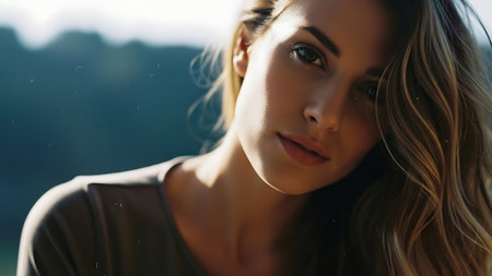Closeup portrait of beautiful young woman looking at camera and smiling.の素材