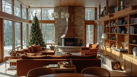 Christmas living room interior with fireplace and Christmas tree. 3D Renderingの素材