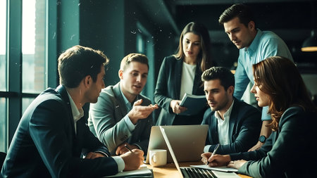 Group of business people working together in office. They are sitting at table and talking.の素材