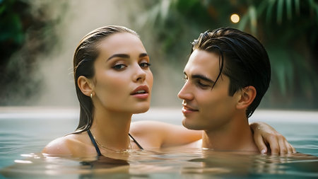 portrait of young couple looking at each other while relaxing in swimming poolの素材