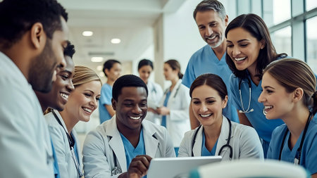 group of happy doctors with tablet pc computer at hospital or medical clinicの素材