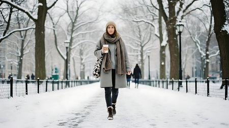 Beautiful young woman in gray coat walking on the street in winterの素材