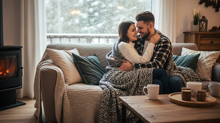 Beautiful young couple is hugging and smiling while sitting on sofa at homeの素材