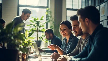 Group of business people working together in modern office. Selective focus.の素材