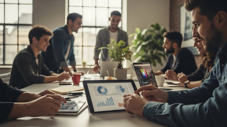 Group of young business people in smart casual wear working together in modern office.の素材