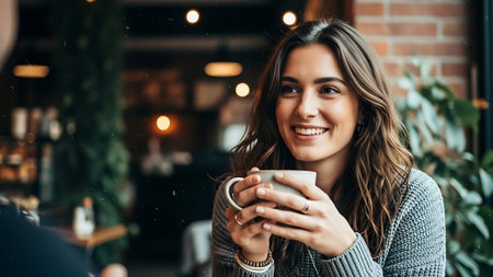 beautiful smiling woman holding cup of coffee and looking at camera in cafeの素材
