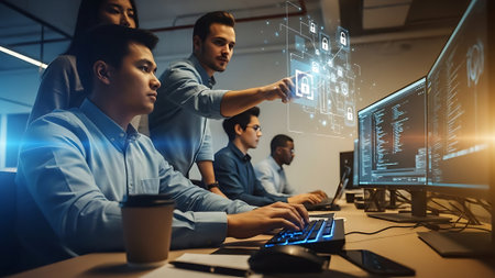 Group of young business people in smart casual wear working together in modern office with virtual interface. Toned image double exposureの素材
