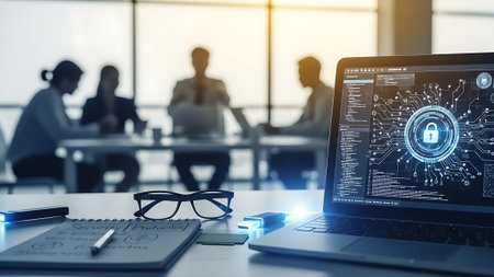 Laptop with padlock on screen and business people working in backgroundの素材