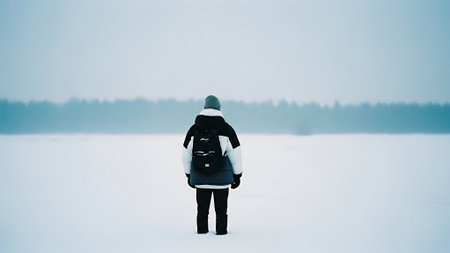 Man in winter clothes with backpack standing on frozen lake and looking at horizon.の素材