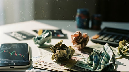 Closeup of crumpled euro banknotes and calculator on tableの素材