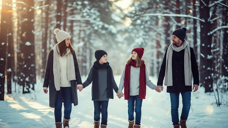 Group of friends walking in winter park, holding hands and smiling.の素材
