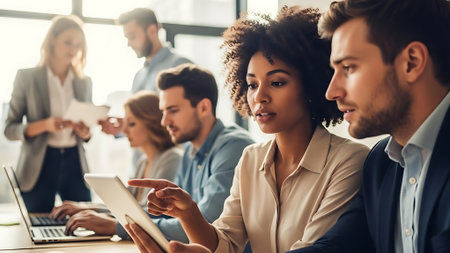 Group of multiethnic business people using digital tablet while working in officeの素材
