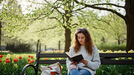 Young woman reading a book in the park. Girl sitting on a bench and reading a book.の素材