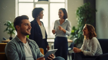 selective focus of smiling businessman using digital tablet while colleagues standing in officeの素材