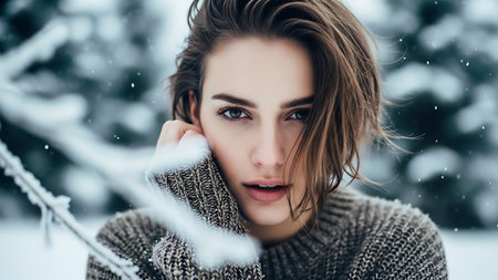 beautiful young woman in sweater and scarf looking at camera in snowy forestの素材