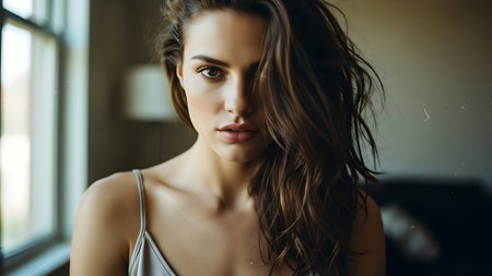 Portrait of a beautiful young woman with long brown hair in the roomの素材