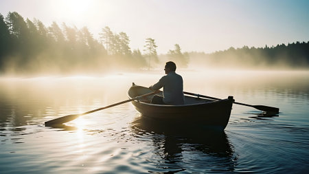 Man rowing a boat on a foggy lake at sunrise.の素材