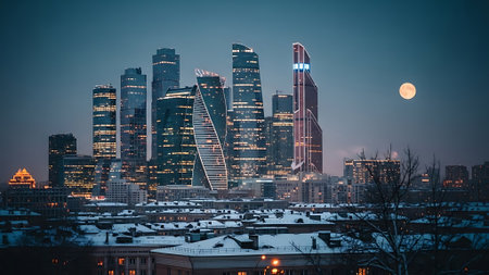Cityscape with skyscrapers at night, Moscow, Russia.の素材