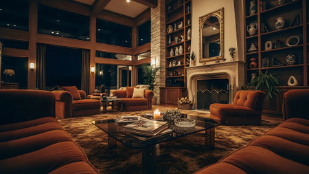 Luxury living room interior with fireplace and orange armchairs.の素材