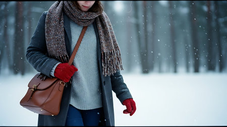 Young woman walking in winter forest with handbag in snowfall.の素材