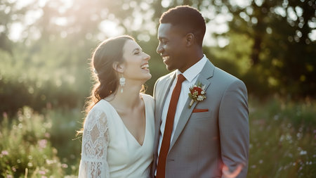 groom and bride on the background of the setting sun at sunsetの素材