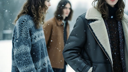 Beautiful young women standing in the winter park. They are wearing warm clothes.の素材