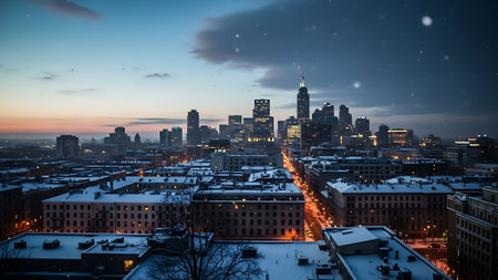 Boston skyline at night with snowfall, Massachusetts, United States.の素材