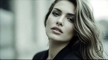 Portrait of a beautiful girl with blond hair in a black coatの素材