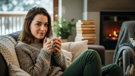 Beautiful young woman sitting on a sofa in front of a fireplace and drinking coffeeの素材