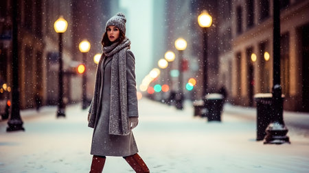 Beautiful young woman walking in the city at night with snowfall.の素材