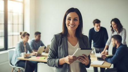 Beautiful young businesswoman using digital tablet and smiling while working in officeの素材