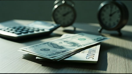 Money on the table with alarm clock and calculator. Business concept.の素材