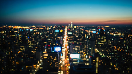 Abstract blur and defocused New York City skyscrapers at nightの素材