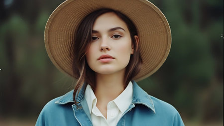 Portrait of a beautiful young woman in a hat and blue shirt.の素材