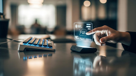 businessman hand using smart phone with virtual screen on table in officeの素材