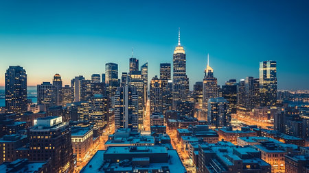 New York City Manhattan skyline panorama at sunset with skyscrapers. USA.の素材