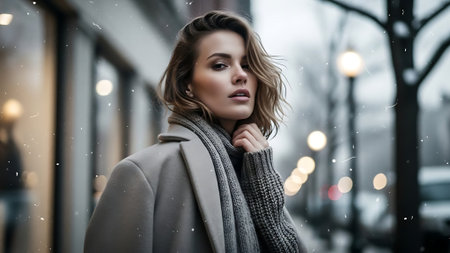 beautiful young woman in coat and scarf walking on winter city streetの素材