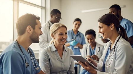 group of happy doctors with tablet pc computer at hospital or medical clinicの素材