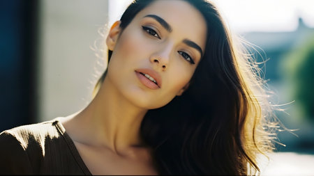 Portrait of a beautiful young brunette woman with long straight hair.の素材