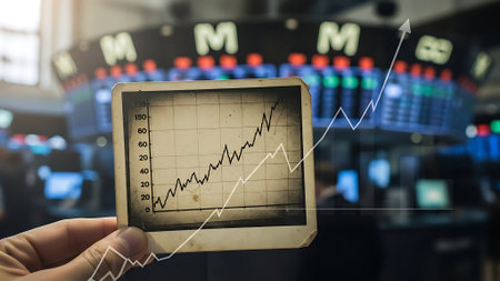 Hand holding tablet computer with stock market graph on screen, stock market conceptの素材