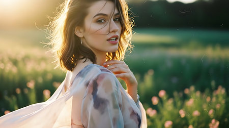 Portrait of a beautiful young woman in a field at sunset.の素材