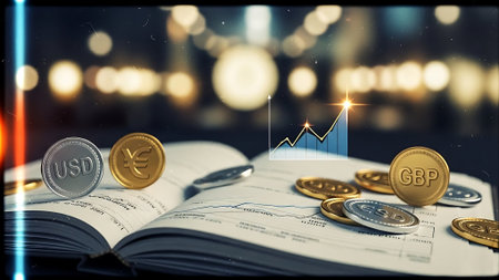 Digital composite of Coins on book with business chart and bokehの素材