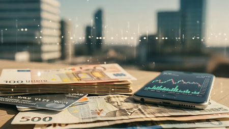 Smartphone with euro banknotes and stock market graph on blurry city backgroundの素材