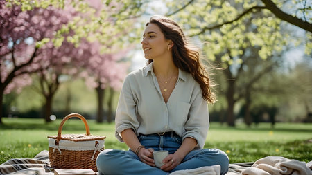 happy young woman sitting on blanket and holding cup of coffee in parkの素材