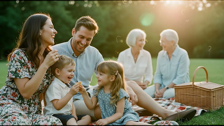 Happy family having picnic in the park. Mother, father, children and grandparentsの素材