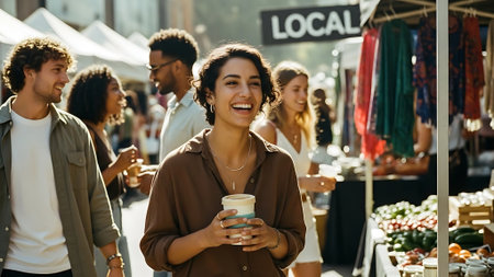 Portrait of smiling young woman holding takeaway coffee cup and looking at camera on street marketの素材