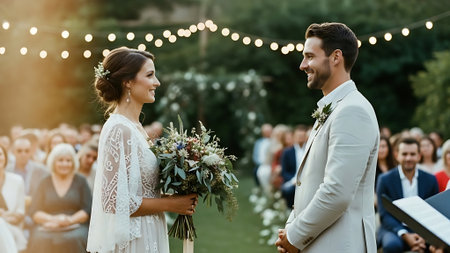 Beautiful bride and groom on the background of the wedding ceremony.の素材